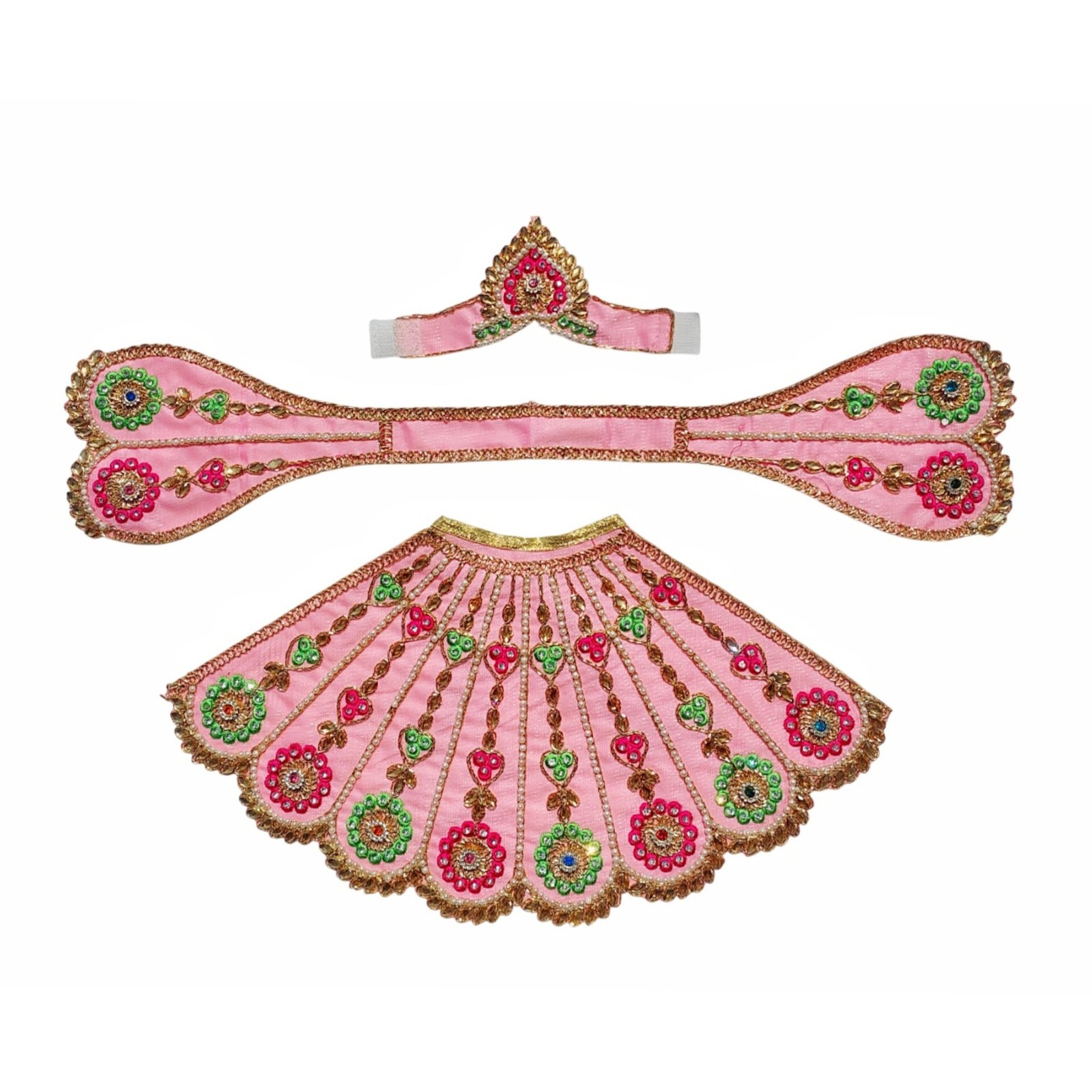 Mata Rani Designer Poshak – Premium Baby Pink Devotional Poshak with Crown for Maa Durga Idol