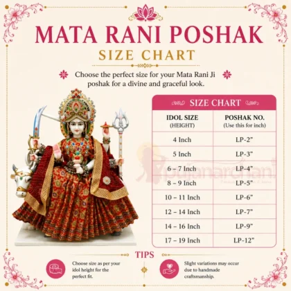 Mata Rani Poshak Size Chart for choosing the correct Lehenga Patka Poshak size for Mata Rani, Durga Mata, Sherawali Mata, Ambe Maa and Vaishno Devi idols