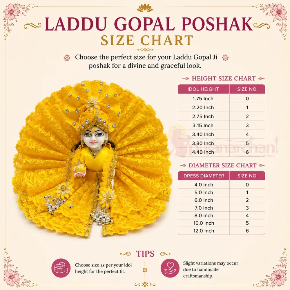 Laddu Gopal Poshak Size Chart | Idol Height and Dress Diameter Guide (Sizes 0 to 6)