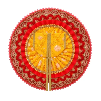 Premium Yellow & Red Designer Laddu Gopal Poshak with Sequin Work and Heavy Golden Lace