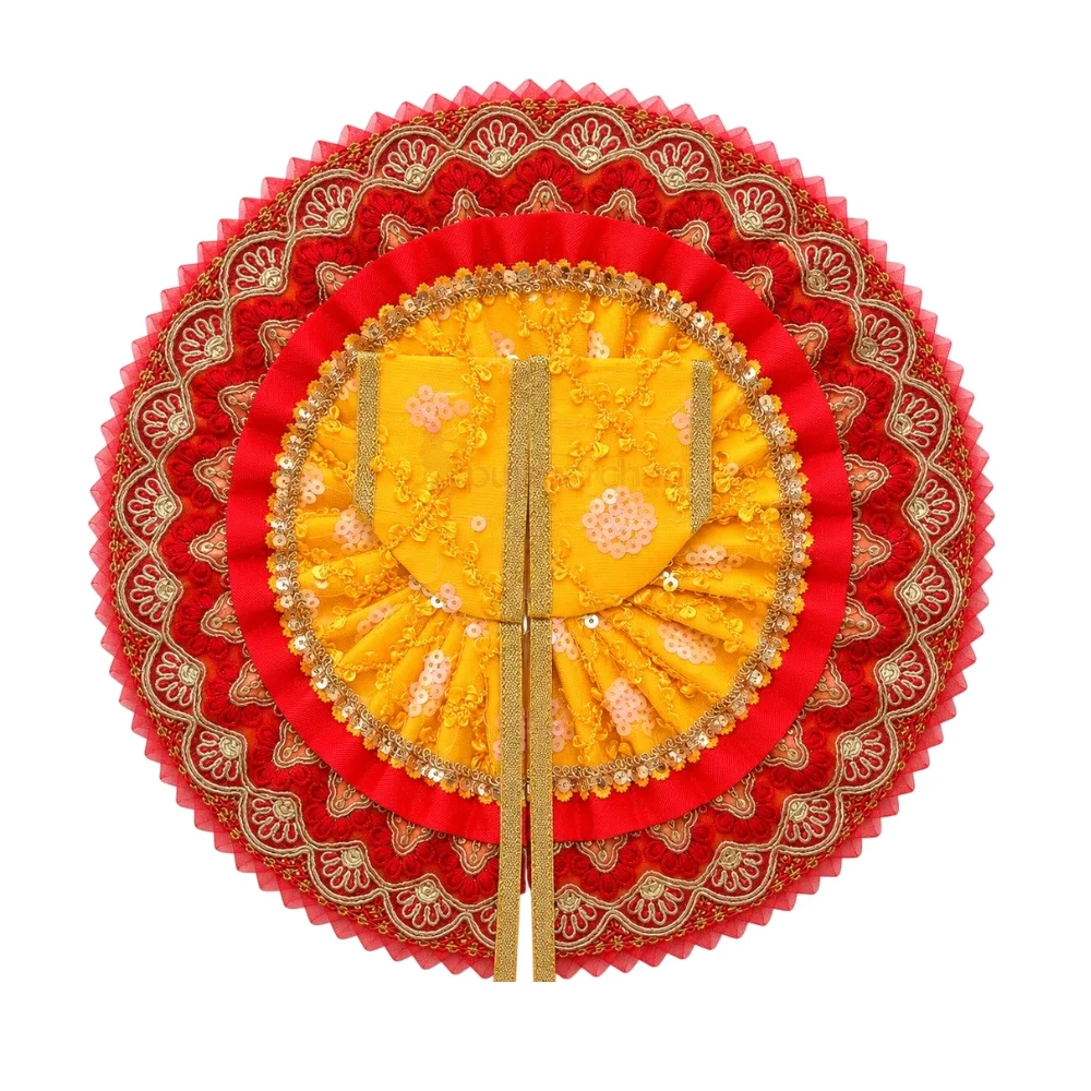 Premium Yellow & Red Designer Laddu Gopal Poshak with Sequin Work and Heavy Golden Lace