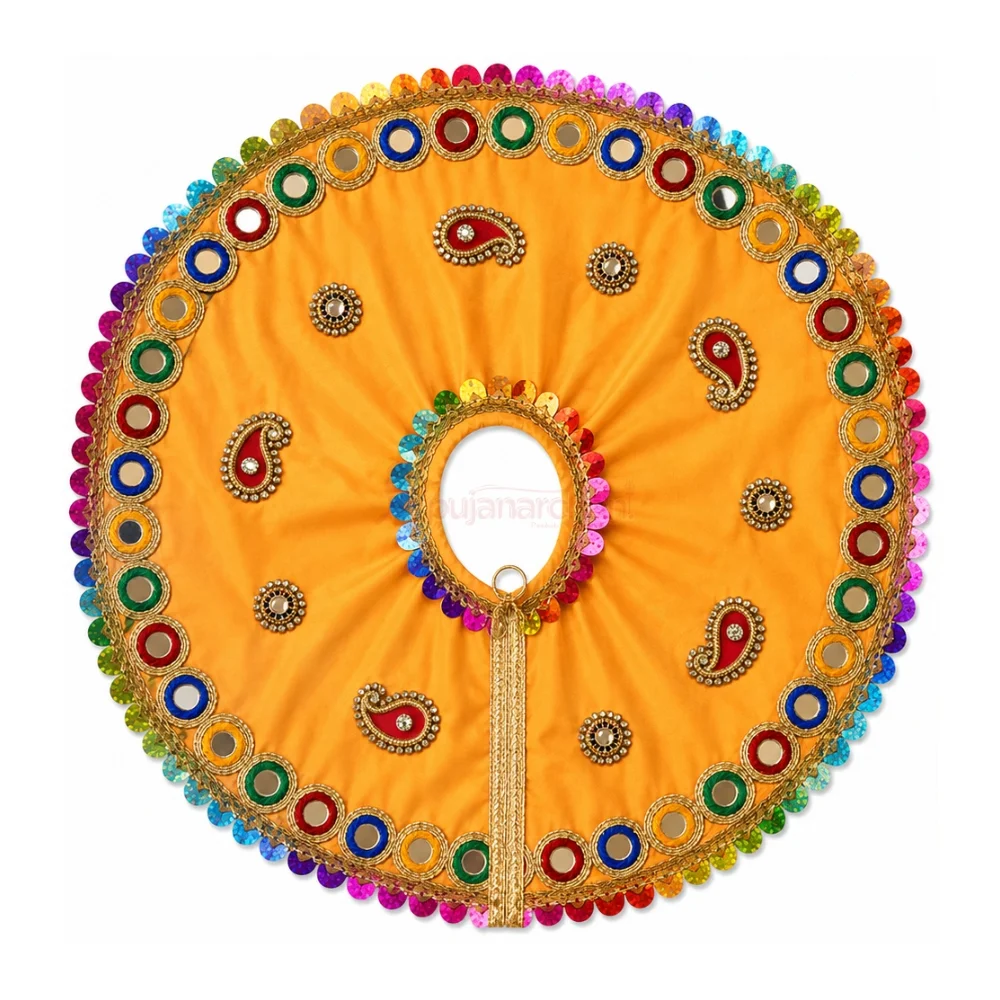 Premium Yellow Satin Laddu Gopal Poshak with Multicolor Mirror Lace and Paisley Embroidery