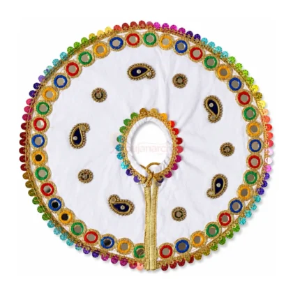 Premium White Satin Laddu Gopal Poshak with Multicolor Mirror Lace and Paisley Embroidery