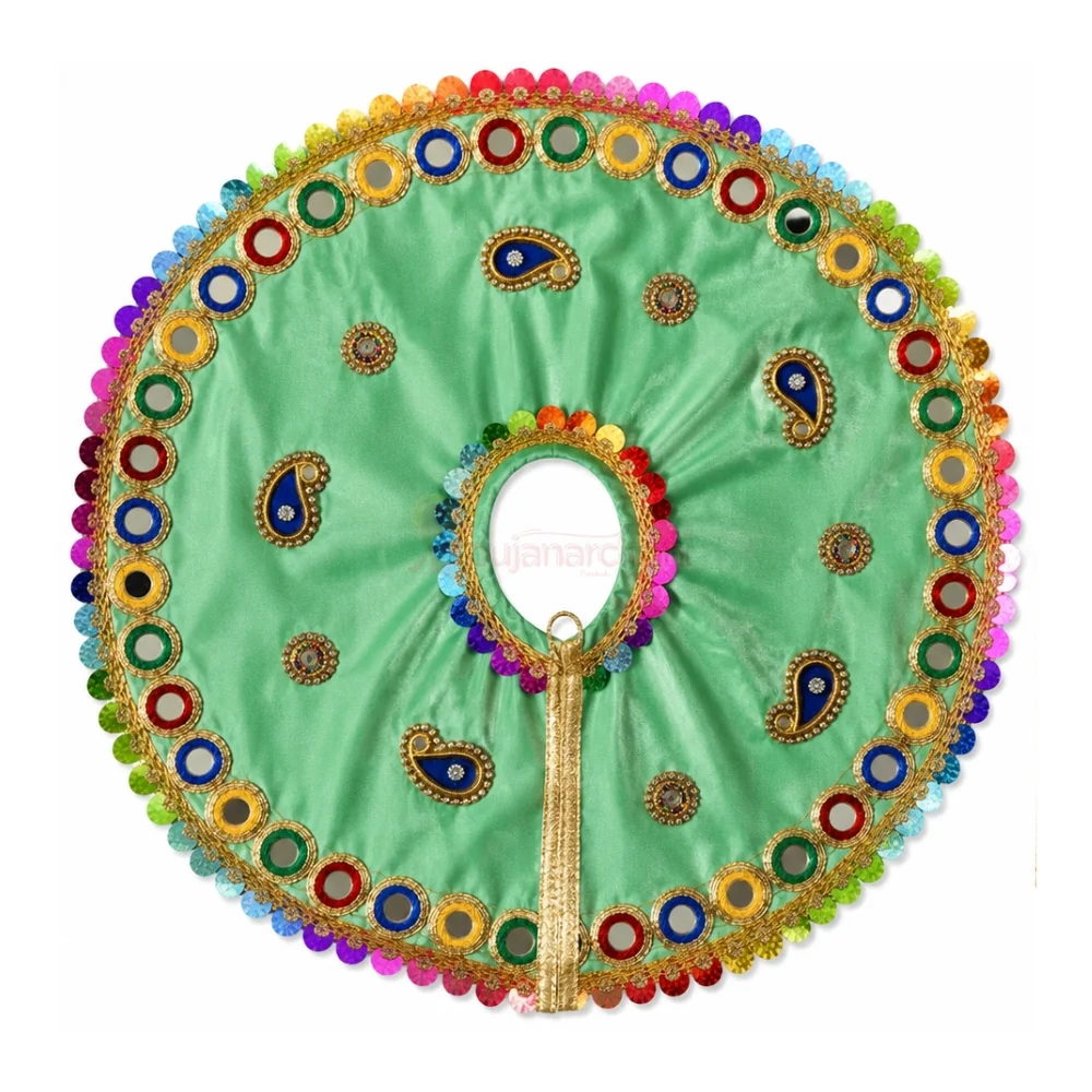 Premium Mint Green Satin Laddu Gopal Poshak with Multicolor Mirror Lace and Paisley Embroidery
