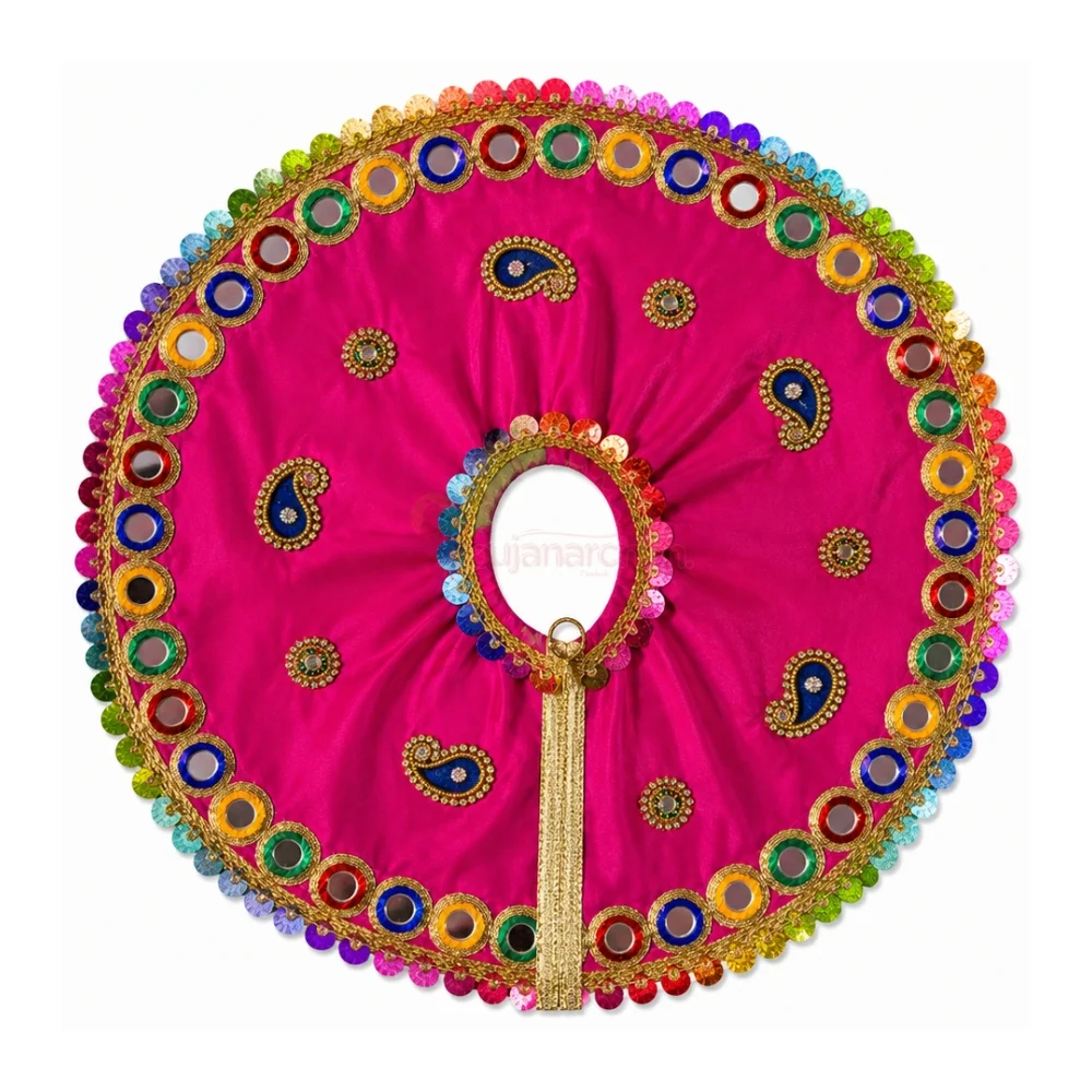 Premium Magenta Satin Laddu Gopal Poshak with Multicolor Mirror Lace and Paisley Embroidery