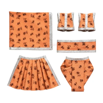 Peach Orange Floral Cotton Radha Krishna Poshak Set with Silver Lace Border for Radha Krishna Idol