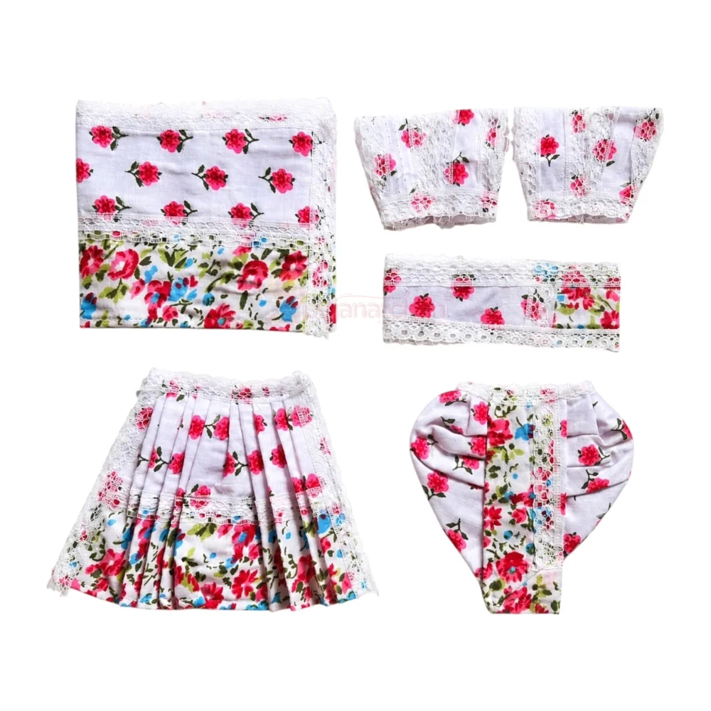 Premium White Floral Cotton Radha Krishna Poshak Set with Floral Print and Lace Border