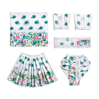 Premium White Floral Cotton Radha Krishna Poshak Set with Floral Print and Lace Border
