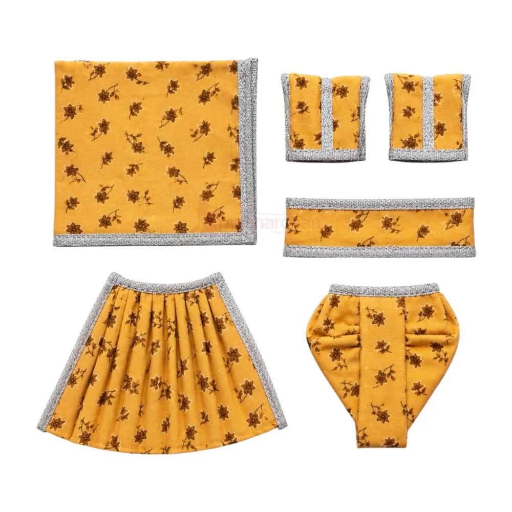 Mustard Yellow Floral Cotton Radha Krishna Poshak Set with Silver Lace Border for Radha Krishna Idol