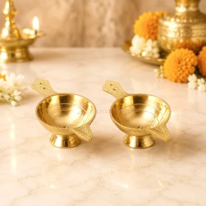 Premium pure brass pooja diya set of 2 for home temple, daily worship, festivals and aarti.