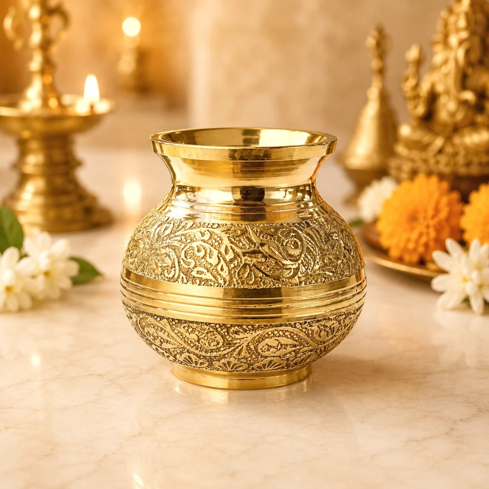 Engraved pure brass pooja lota 3 no with traditional floral and paisley design for Gangajal, Kalash Sthapana, Jal Abhishek, home temple and religious rituals.