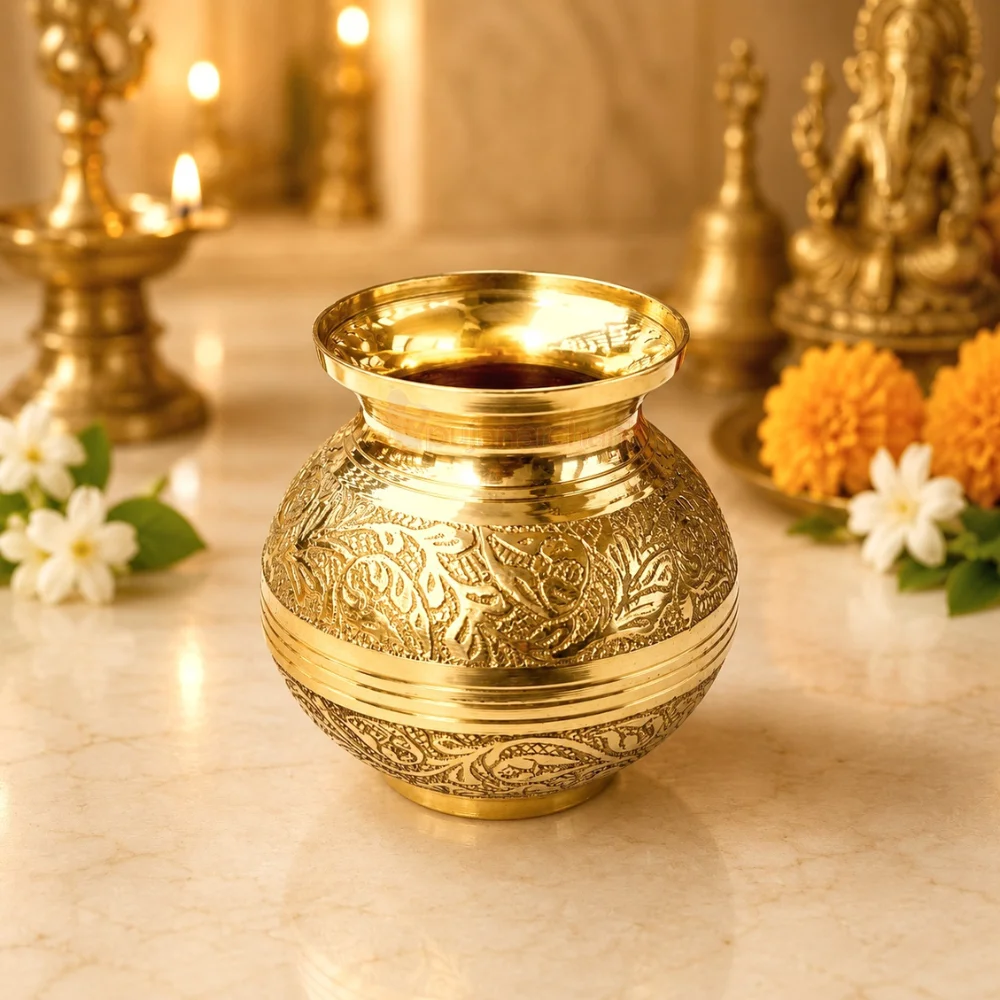 Engraved pure brass pooja lota 3 no with traditional floral and paisley design for Gangajal, Kalash Sthapana, Jal Abhishek, home temple and religious rituals.