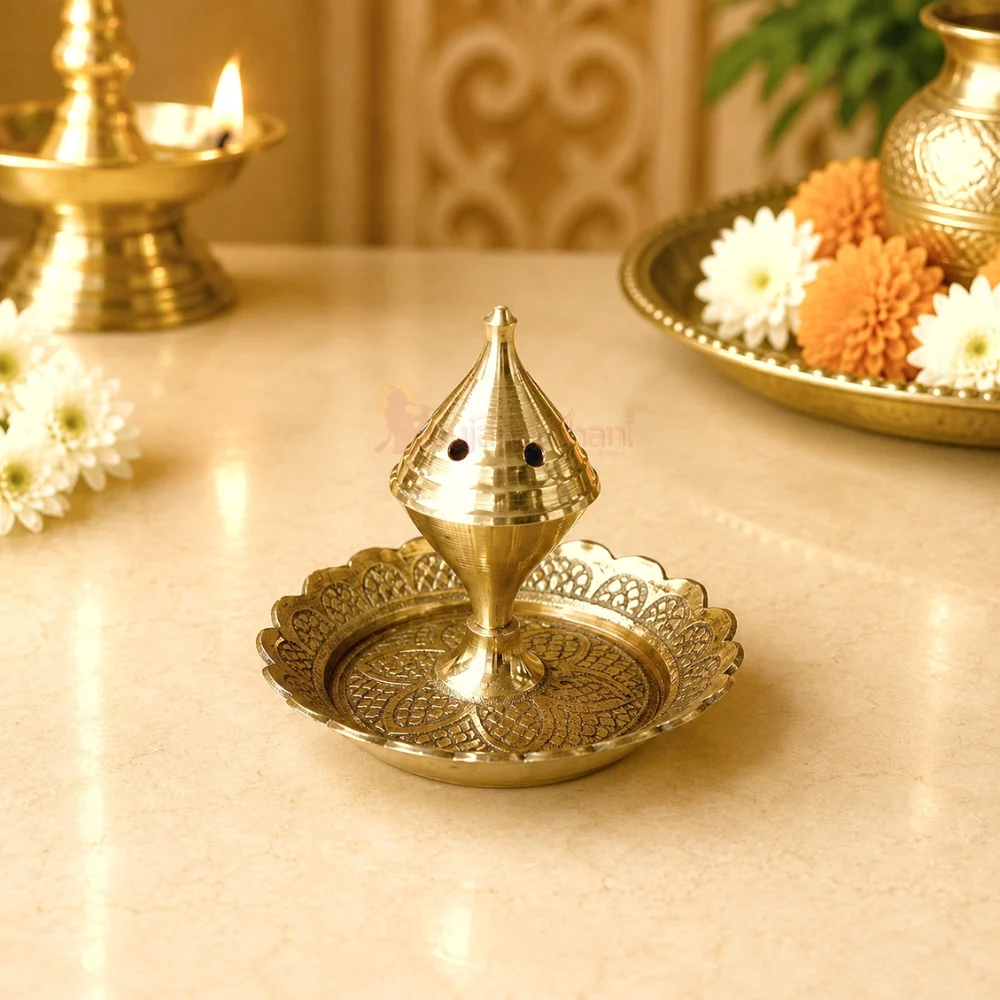 Premium pure brass agardan incense stick holder with detachable multi-hole holder and ash catcher plate for home temple, meditation and daily worship.
