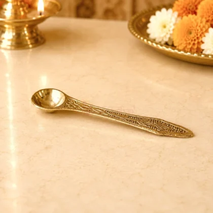 Premium brass pooja spoon with engraved floral handle for Panchpatra, Gangajal, Panchamrit, Jal Abhishek and daily worship.