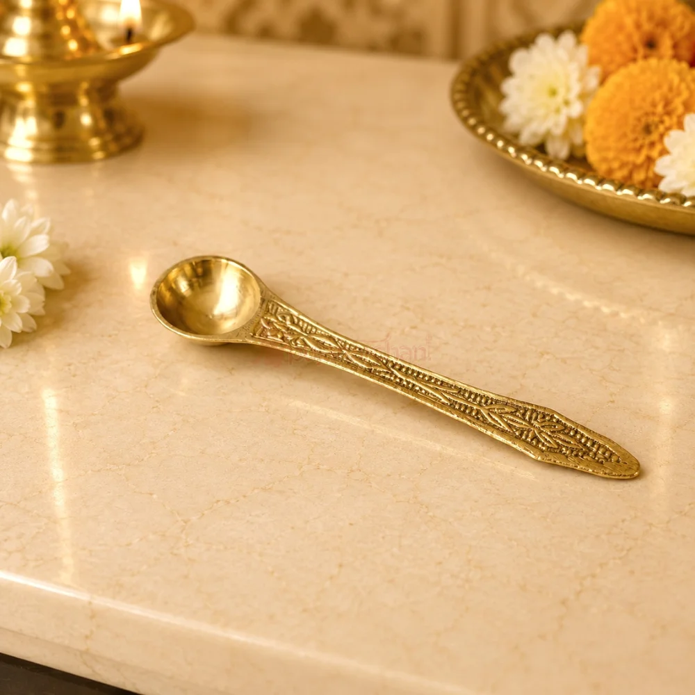 Premium brass pooja spoon with engraved floral handle for Panchpatra, Gangajal, Panchamrit, Jal Abhishek and daily worship.
