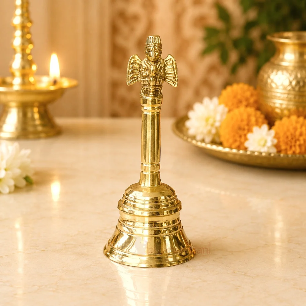 Premium pure brass Garuda pooja bell with traditional ghanti design for home temple, aarti, daily worship and religious ceremonies.