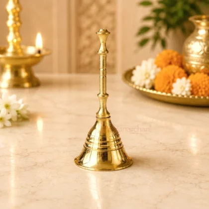 Premium pure brass pooja bell with traditional long handle for home temple, aarti, daily worship and religious ceremonies.