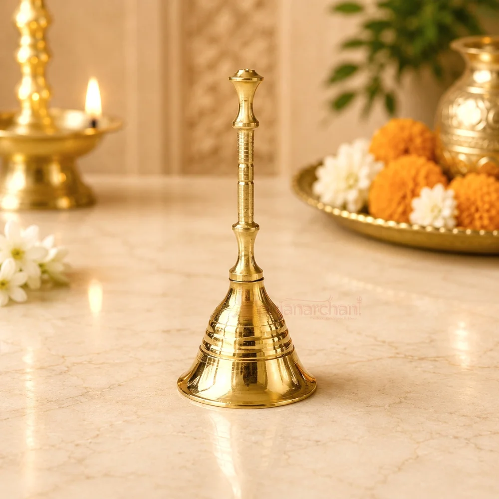 Premium pure brass pooja bell with traditional long handle for home temple, aarti, daily worship and religious ceremonies.