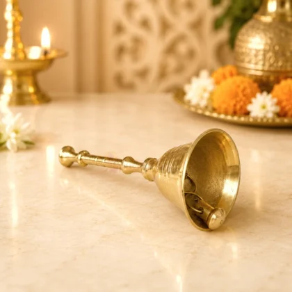 Premium pure brass pooja bell with traditional long handle for home temple, aarti, daily worship and religious ceremonies.