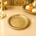 Premium pure brass pooja thali with sacred Om symbol and Gayatri Mantra engraving for home temple, aarti, daily worship and religious ceremonies.