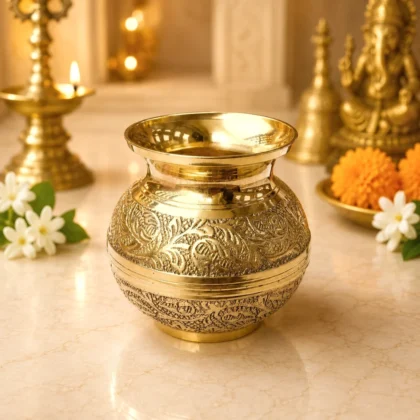 Engraved pure brass pooja lota 2 no with traditional floral and paisley design for Gangajal, Kalash Sthapana, Jal Abhishek, home temple and religious rituals.