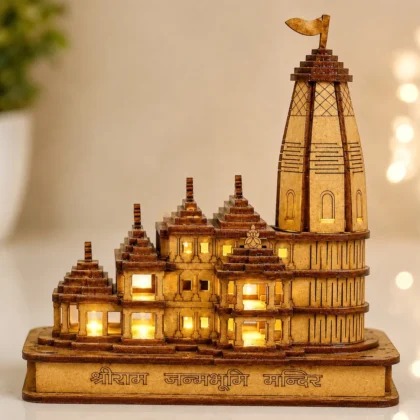 Premium handcrafted Shri Ram Janmabhoomi Mandir Ayodhya wooden temple model with warm LED lights for home temple, office décor and spiritual gifting.