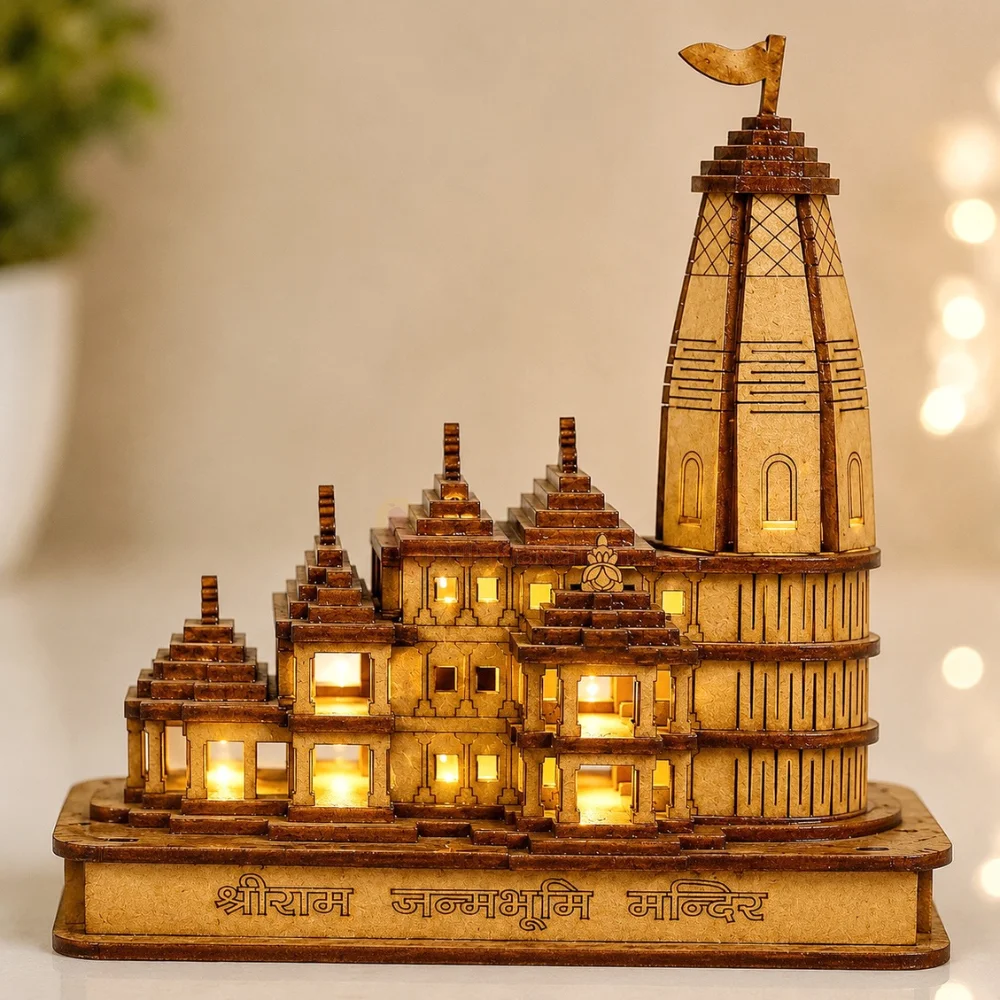 Premium handcrafted Shri Ram Janmabhoomi Mandir Ayodhya wooden temple model with warm LED lights for home temple, office décor and spiritual gifting.