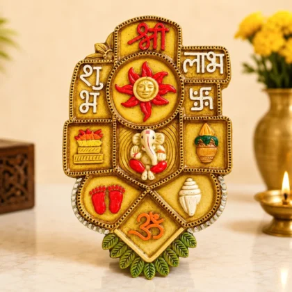 Premium Shubh Labh Ganesh Ji wall hanging with Om, Surya, Kalash, Charan Paduka and Shankh symbols for home entrance, temple, office and vastu décor.