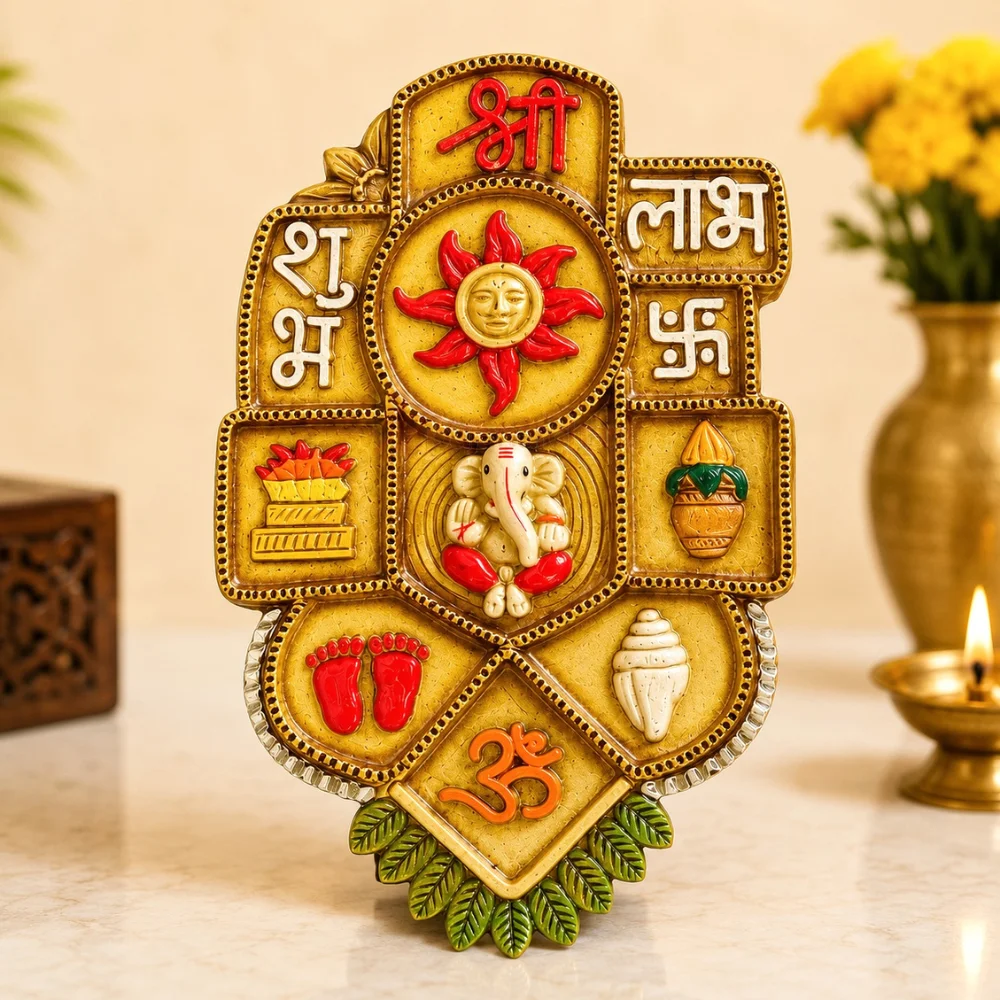 Premium Shubh Labh Ganesh Ji wall hanging with Om, Surya, Kalash, Charan Paduka and Shankh symbols for home entrance, temple, office and vastu décor.