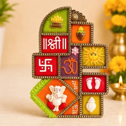 Premium Shubh Labh Ganesh Ji wall hanging featuring Om, Swastik, Surya, Kalash, Charan Paduka and Shankh for home entrance, temple, office and vastu décor.