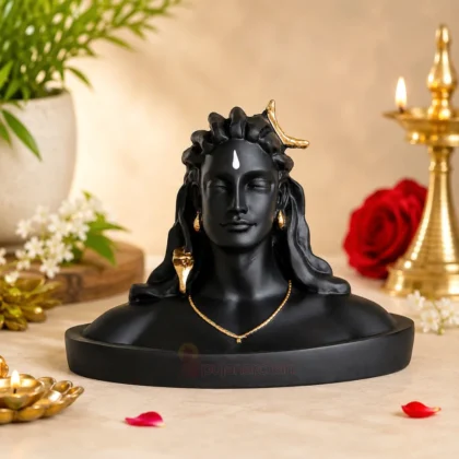Premium black Adiyogi Lord Shiva polyresin statue with gold detailing for car dashboard, home temple, office desk, meditation and spiritual décor.