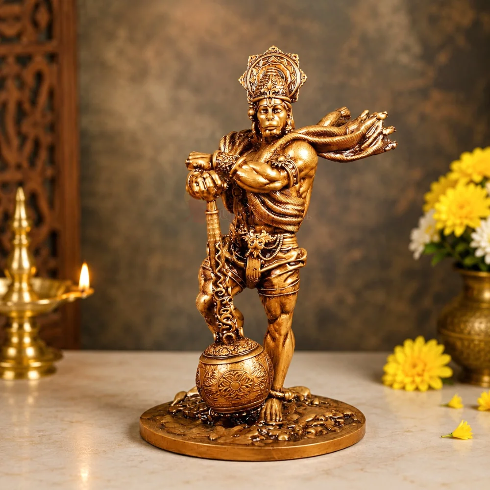Premium gold Bahubali Hanuman idol with sacred Gada made of polyresin for home temple, office, car dashboard and spiritual décor.
