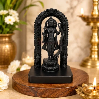 Premium black Shri Ram Lalla polyresin idol with intricately carved Dashavatar arch for home temple, office, car dashboard and spiritual décor.