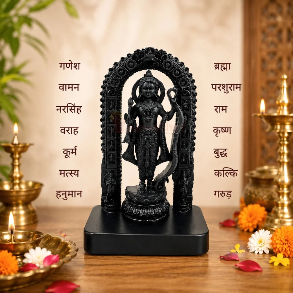 Premium black Shri Ram Lalla polyresin idol with intricately carved Dashavatar arch for home temple, office, car dashboard and spiritual décor.