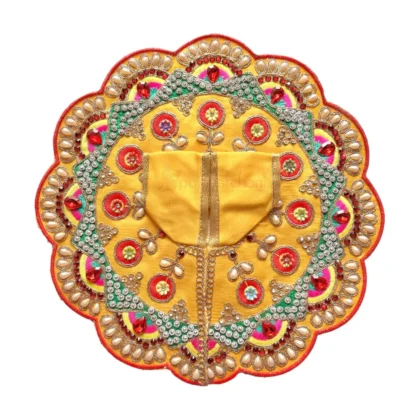 Premium Designer Yellow Satin Laddu Gopal Poshak with Crystal Stone Work, Pearl Work, Multicolor Embroidery and Hand Embroidery for Krishna Shringar