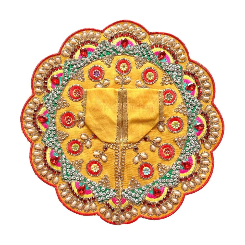 Premium Designer Yellow Satin Laddu Gopal Poshak with Crystal Stone Work, Pearl Work, Multicolor Embroidery and Hand Embroidery for Krishna Shringar