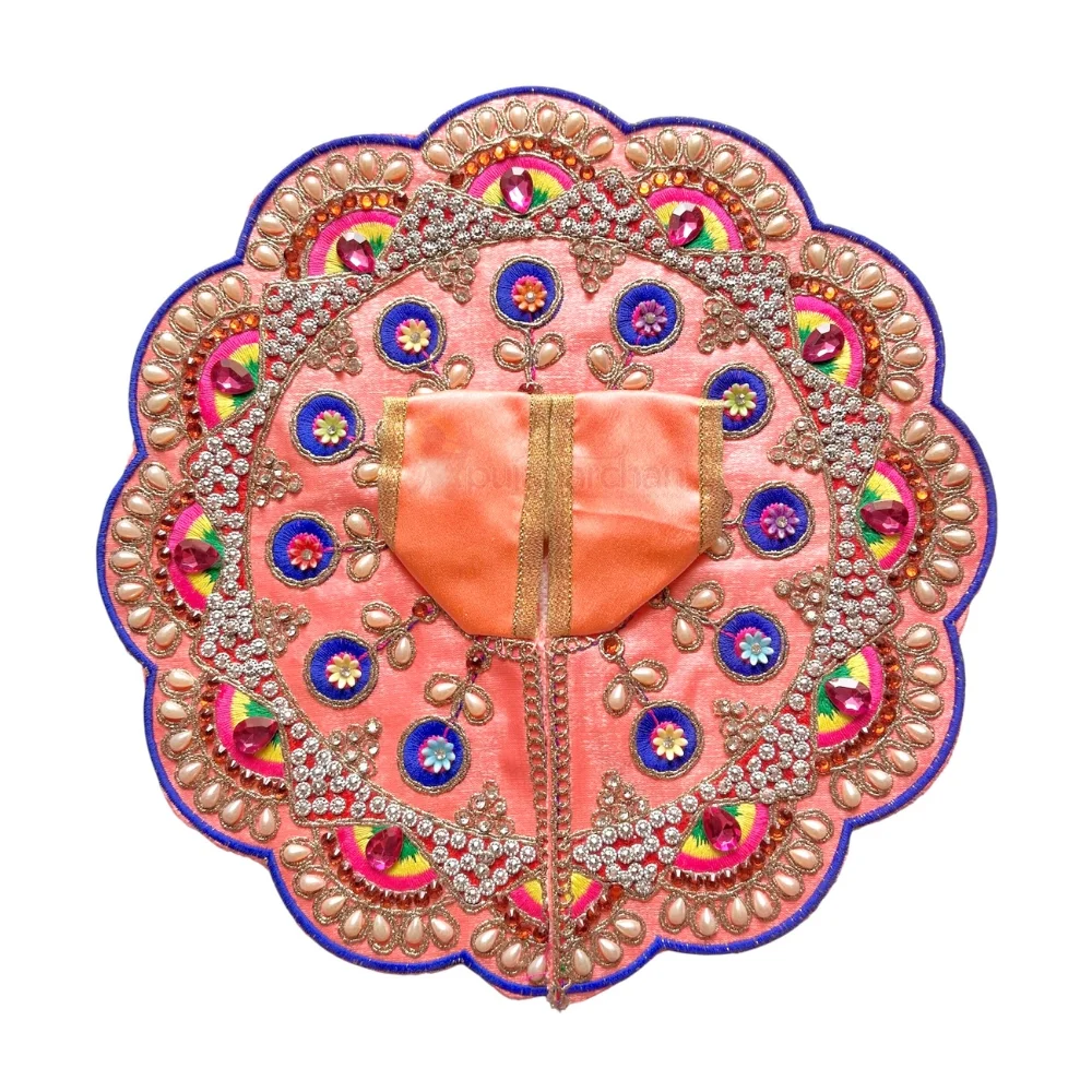 Premium Designer Peach Satin Laddu Gopal Poshak with Crystal Stone Work, Pearl Work, Multicolor Embroidery and Hand Embroidery for Krishna Shringar