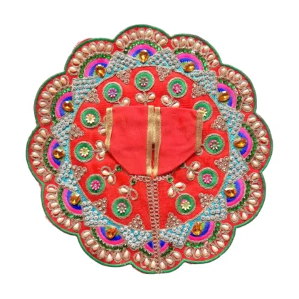 Premium Designer Red Satin Laddu Gopal Poshak with Crystal Stone Work, Pearl Work, Multicolor Embroidery and Hand Embroidery for Krishna Shringar