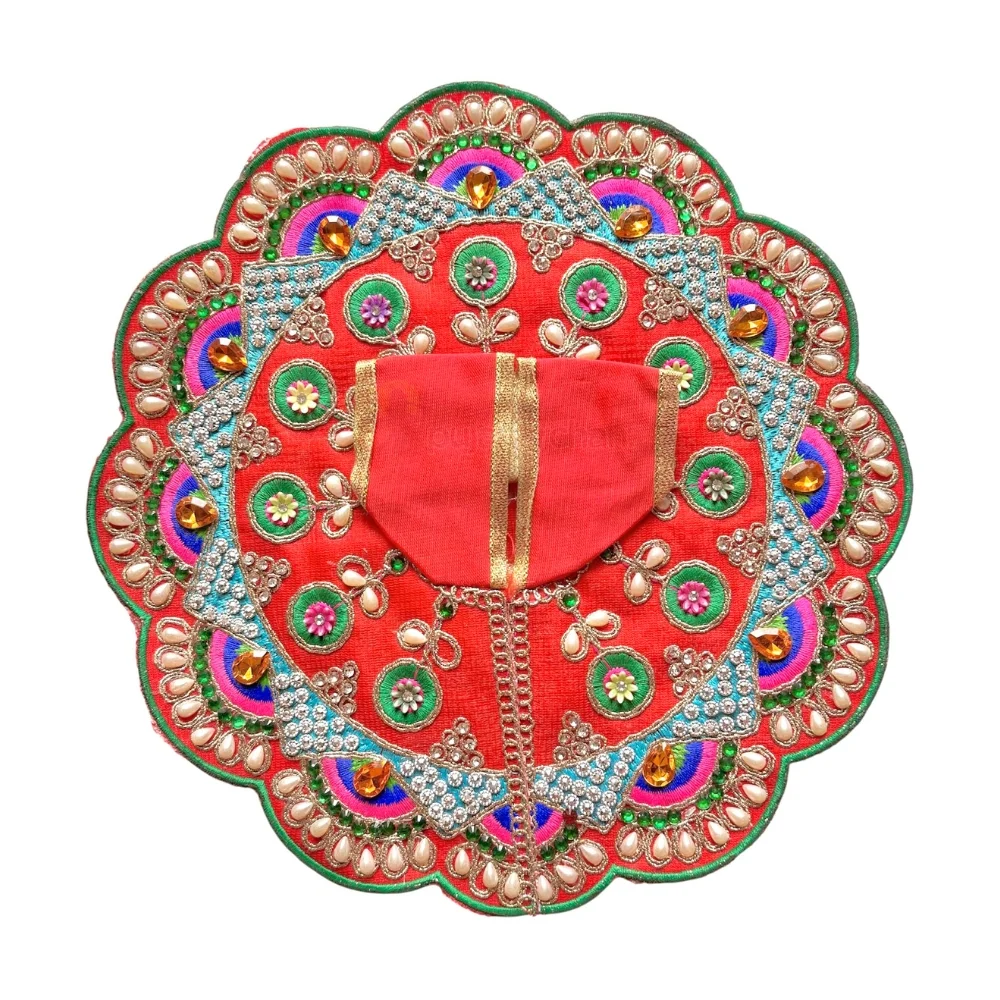 Premium Designer Red Satin Laddu Gopal Poshak with Crystal Stone Work, Pearl Work, Multicolor Embroidery and Hand Embroidery for Krishna Shringar