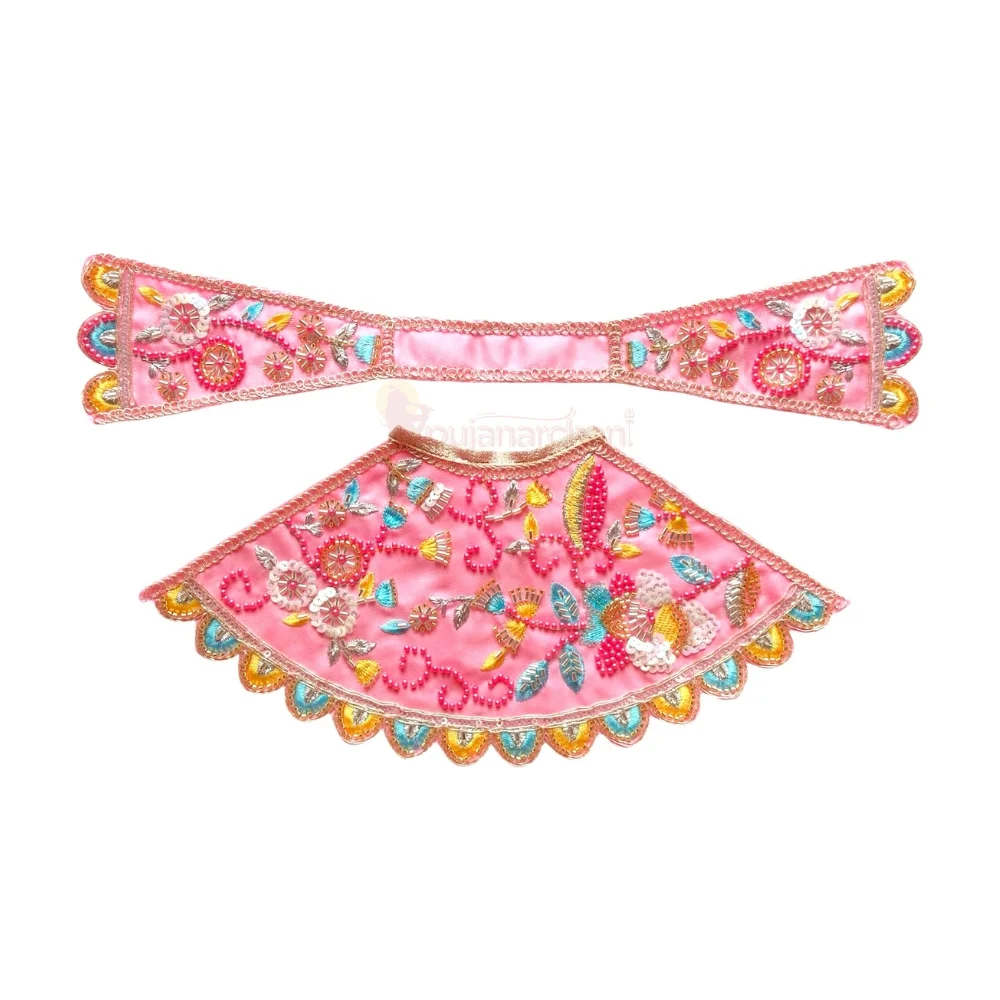 Premium Designer Baby Pink Satin Mata Rani Lehenga Patka Poshak with Heavy Floral Zardosi, Dabka, Sequins, Beads and Hand Embroidery Work for Mata Rani Idol Shringar