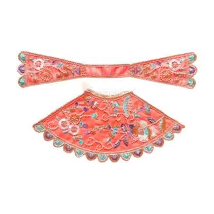 Premium Designer Coral Peach Satin Mata Rani Lehenga Patka Poshak with Heavy Floral Zardosi, Dabka, Sequins, Beads and Hand Embroidery Work for Mata Rani Idol Shringar
