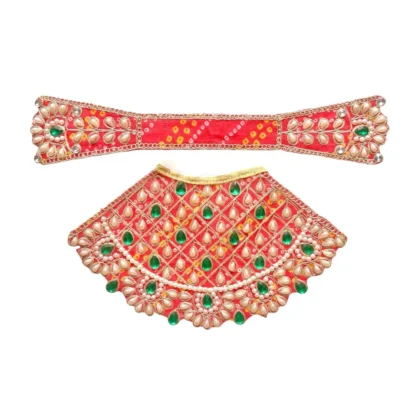Premium Designer Red Bandhej Satin Mata Rani Lehenga Patka Poshak with Traditional Bandhej Print, Kundan, Pearl, Stone and Hand Embroidery Work for Mata Rani Idol Shringar