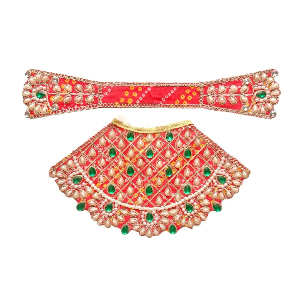Premium Designer Red Bandhej Satin Mata Rani Lehenga Patka Poshak with Traditional Bandhej Print, Kundan, Pearl, Stone and Hand Embroidery Work for Mata Rani Idol Shringar