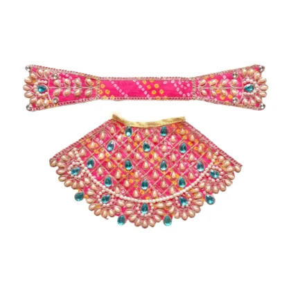 Premium Designer Magenta Bandhej Satin Mata Rani Lehenga Patka Poshak with Traditional Bandhej Print, Kundan, Pearl, Stone and Hand Embroidery Work for Mata Rani Idol Shringar