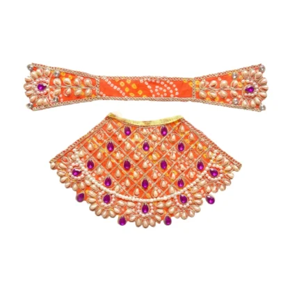 Premium Designer Orange Bandhej Satin Mata Rani Lehenga Patka Poshak with Traditional Bandhej Print, Kundan, Pearl, Stone and Hand Embroidery Work for Mata Rani Idol Shringar