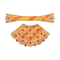 Premium Designer Yellow Bandhej Satin Mata Rani Lehenga Patka Poshak with Traditional Bandhej Print, Kundan, Pearl, Stone and Hand Embroidery Work for Mata Rani Idol Shringar