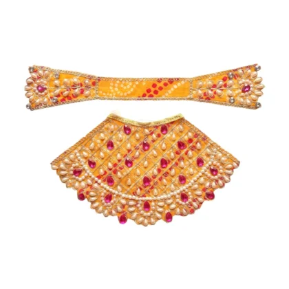 Premium Designer Yellow Bandhej Satin Mata Rani Lehenga Patka Poshak with Traditional Bandhej Print, Kundan, Pearl, Stone and Hand Embroidery Work for Mata Rani Idol Shringar