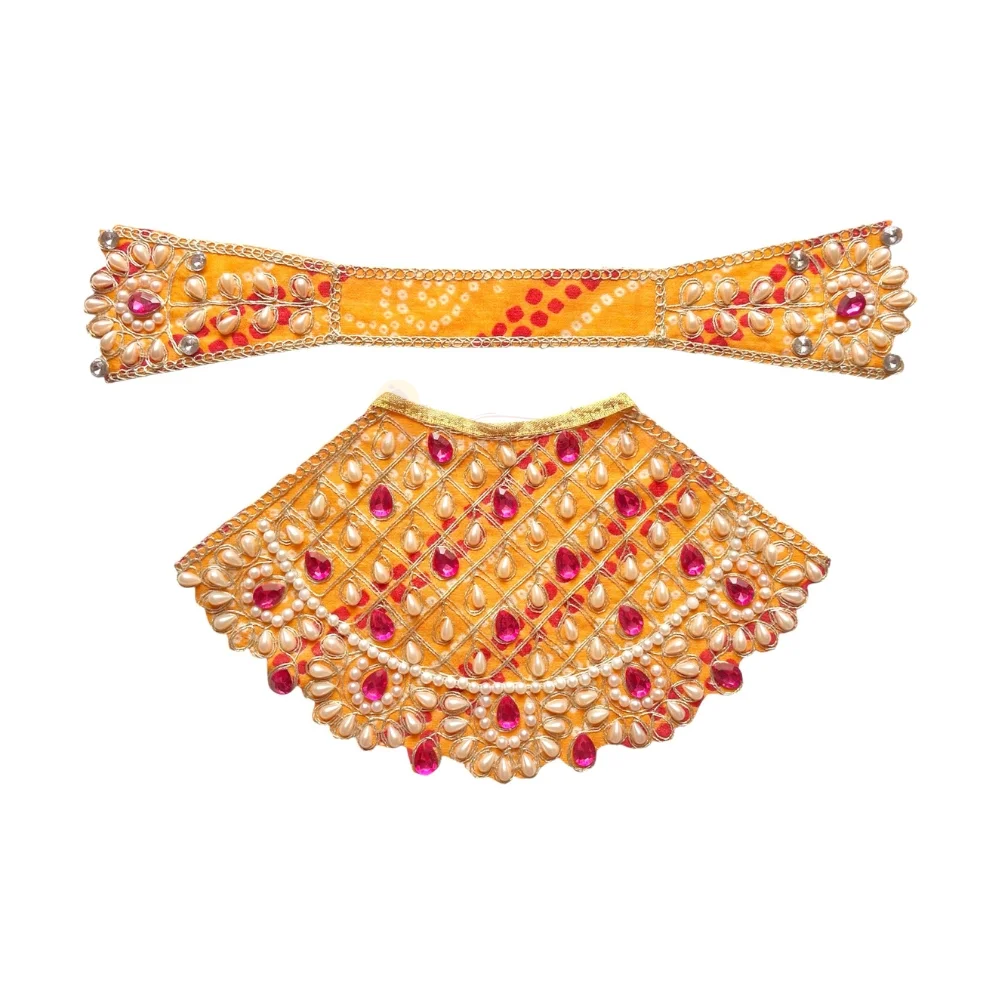 Premium Designer Yellow Bandhej Satin Mata Rani Lehenga Patka Poshak with Traditional Bandhej Print, Kundan, Pearl, Stone and Hand Embroidery Work for Mata Rani Idol Shringar