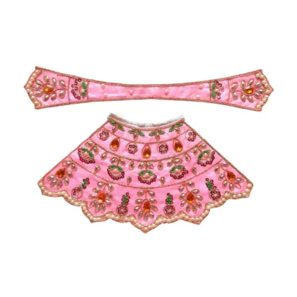 Premium designer Baby Pink satin Mata Rani lehenga patka poshak featuring Orange Stone work, pearl detailing, golden zari embroidery, floral hand embroidery and pearl lace border for Durga Mata idol.