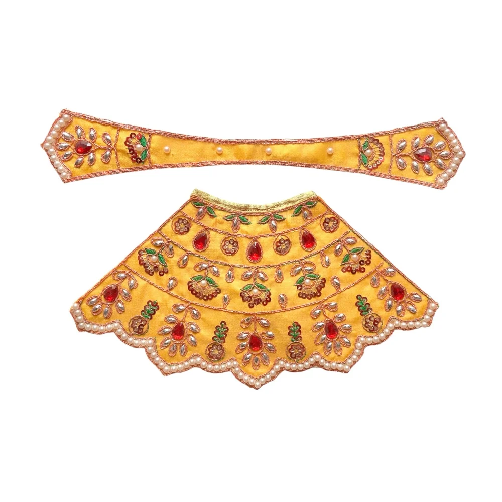 Premium designer Yellow satin Mata Rani lehenga patka poshak featuring red stone work, pearl detailing, golden zari embroidery, floral hand embroidery and pearl lace border for Durga Mata idol.